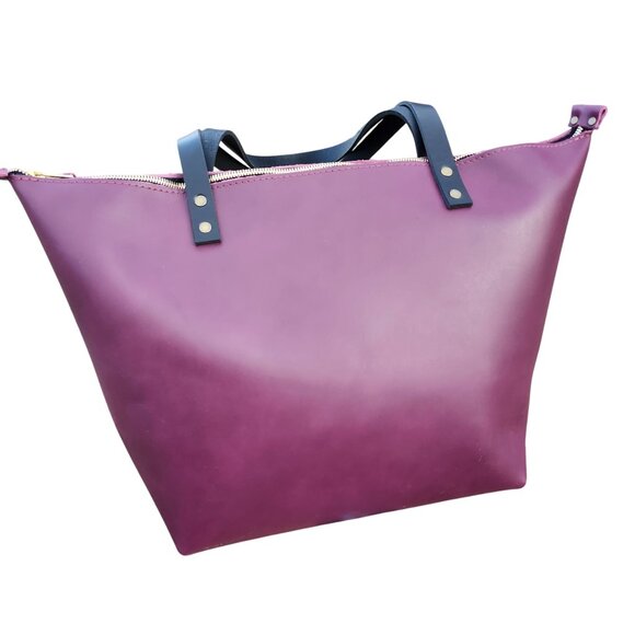 Portland Leather Lollipop Large Zippered Tote Bag Smooth Purple Black Handles - Picture 4 of 10
